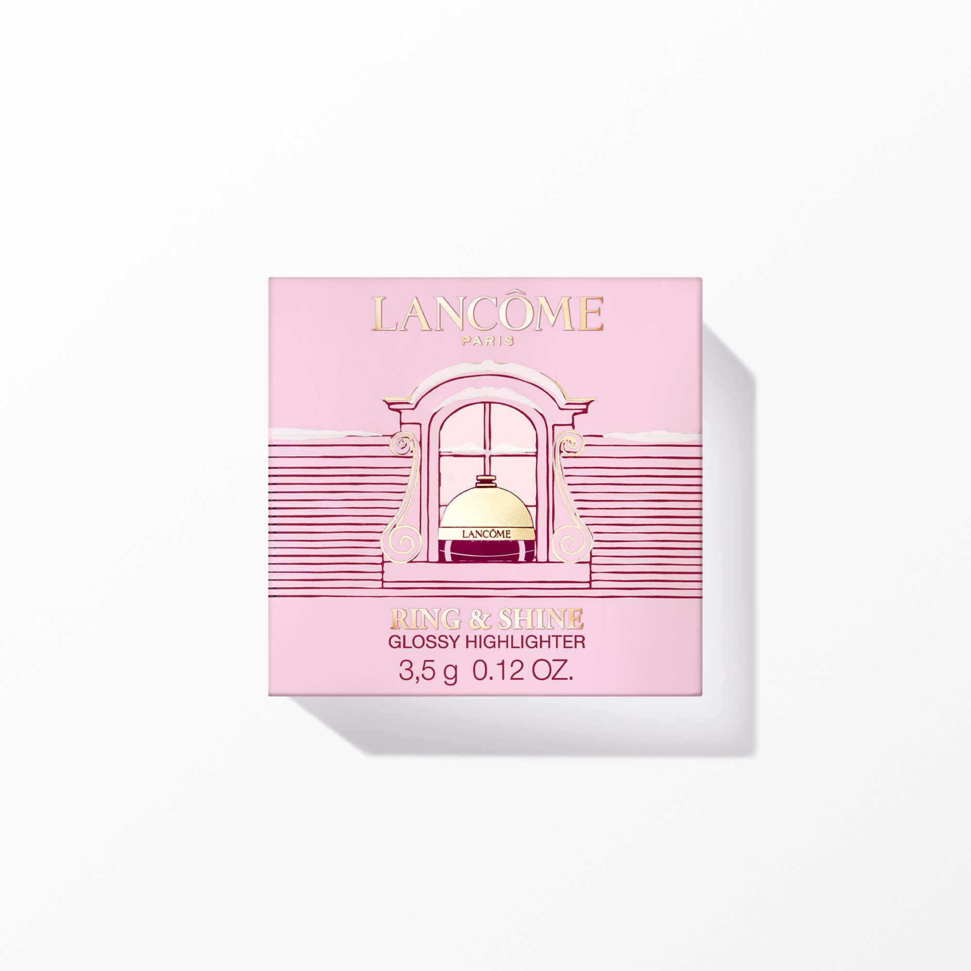 Cutie roz de produs pentru iluminatorul Lancome Ring & Shine cu un design ilustrat al ferestrei.