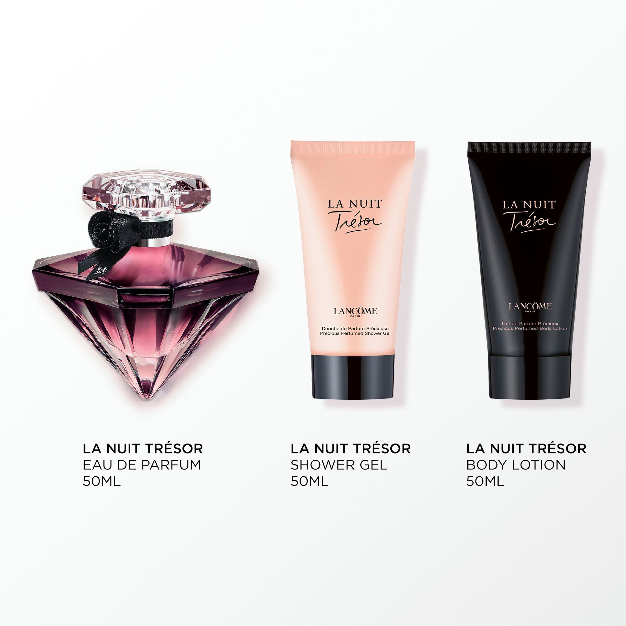 Imagine a următoarelor produse pe fundal alb: LA NUIT TRESOR EDP 50ML - LOȚIUNE DE CORP LA NUIT TRESOR 50ML - GEL DE DUȘ LA NUIT TRESOR 50ML