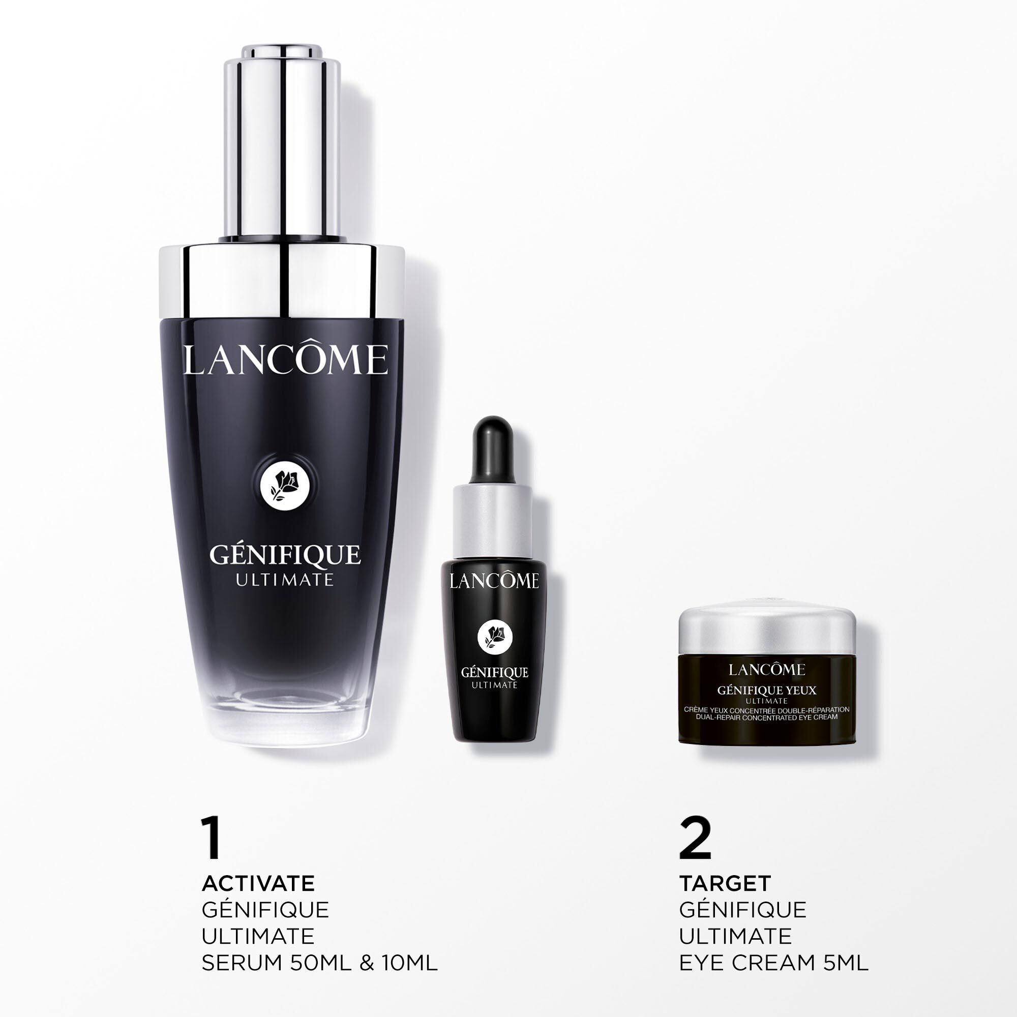 Imagine cu următoarele produse pe fundal alb: - GENIFIQUE ULTIMATE SERUM 50ML - GENIFIQUE ULTIMATE SERUM 10ML - GENIFIQUE EYE CREAM 5ML MINI