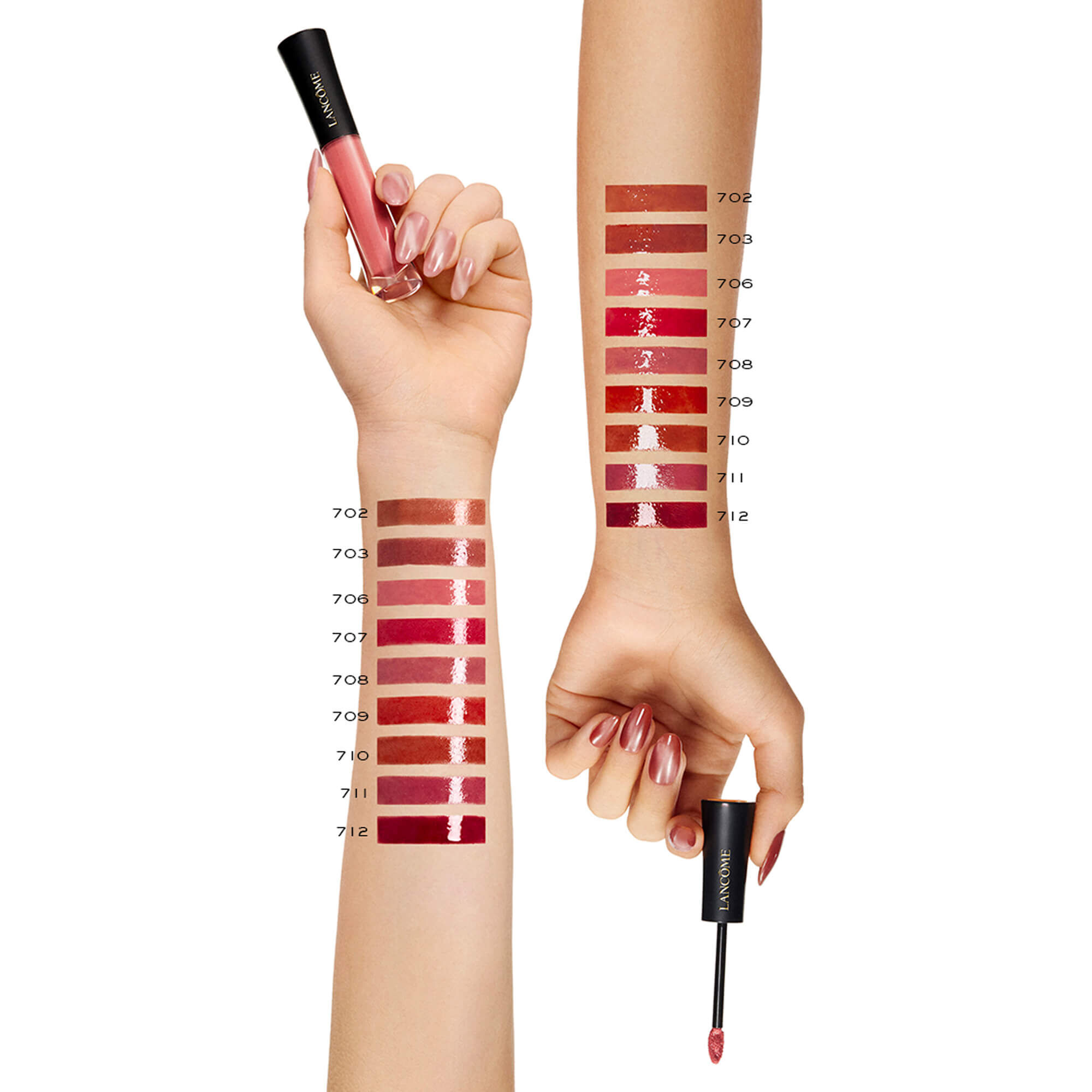 Mostre de culoare pentru L'Absolu Rouge Glaze Tintation pe două tonuri diferite de piele, prezentand o varietate de nuanțe - de la nuanțe de nude la roșu intens.