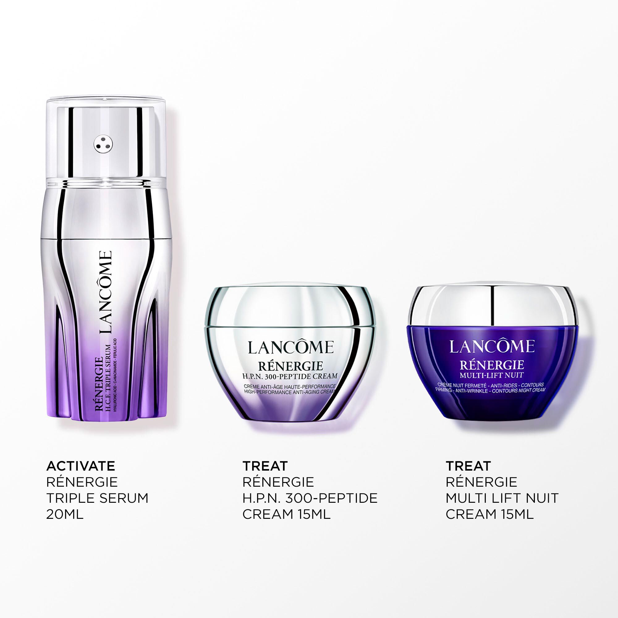 Imagine cu următoarele produse pe fundal alb: - RENERGIE H.C.F TRIPLE SERUM 20ML - RENERGIE H.P.N 300-PEPTIDE CREAM 15ML - RENERGIE MULTI LIFT NUIT CREAM 15ML