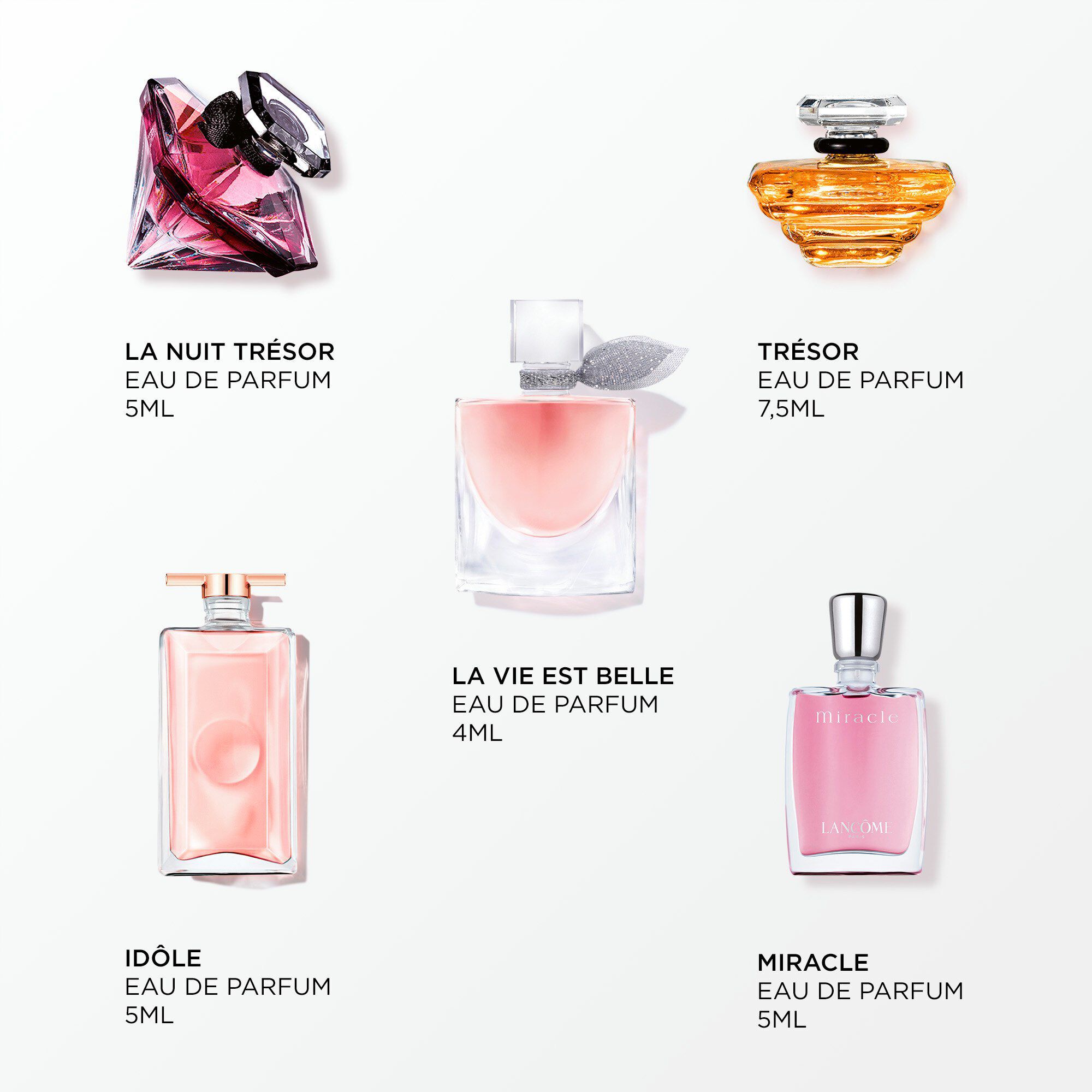 Imagine a următoarelor produse pe fundal alb: LA VIE EST BELLE EDP 4ML - IDOLE EDP 5ML - TRESOR EDP 7.5ML - LA NUIT TRESOR EDP 5ML - MIRACLE EDP 5ML