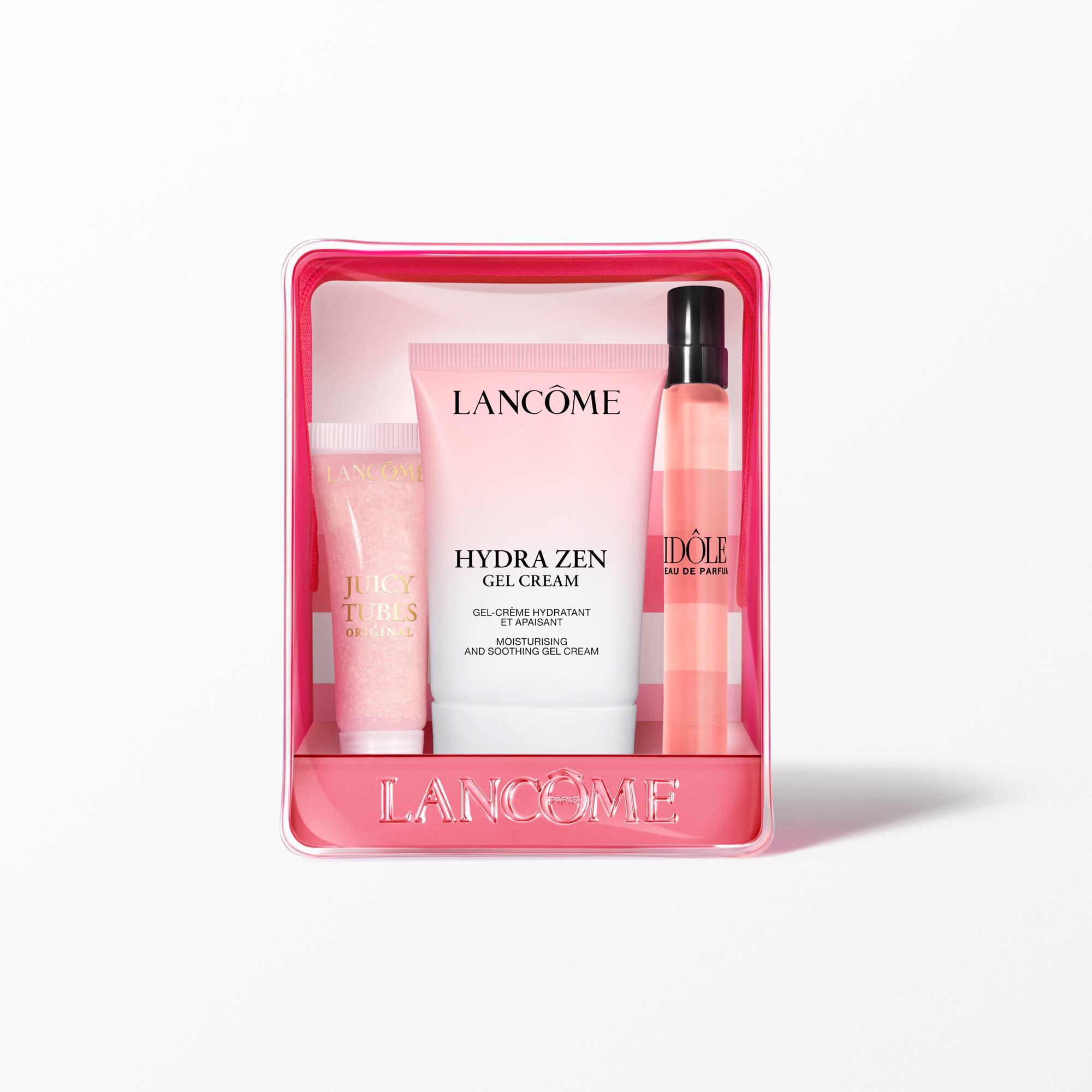 Conținutul setului cadou in ediție limitată Lancome, cu pouch-ul cosmetic așezat in spatele cremei, luciului de buze și parfumului.