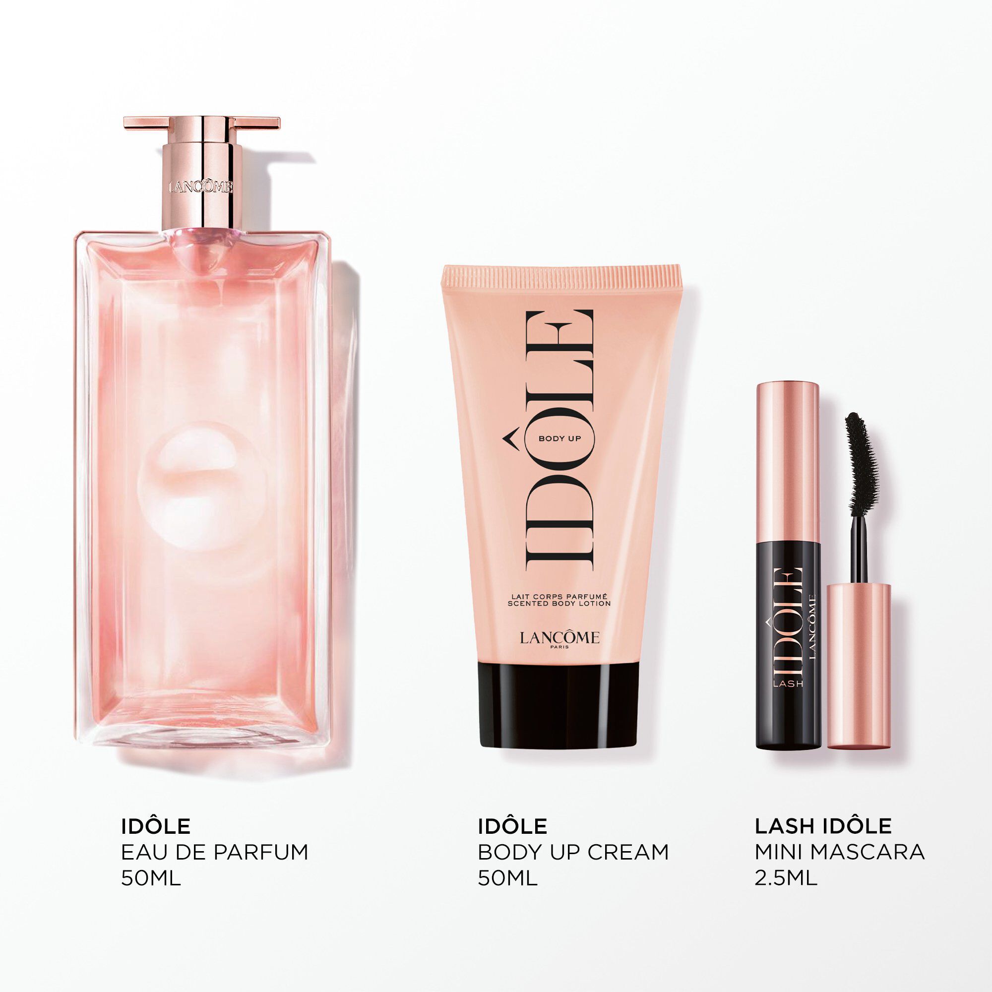 Imagine a următoarelor produse pe fundal alb: IDOLE EDP 50ML - IDOLE BODY LOTION 50ML - LASH IDOLE MASCARA MINI 2.5ML