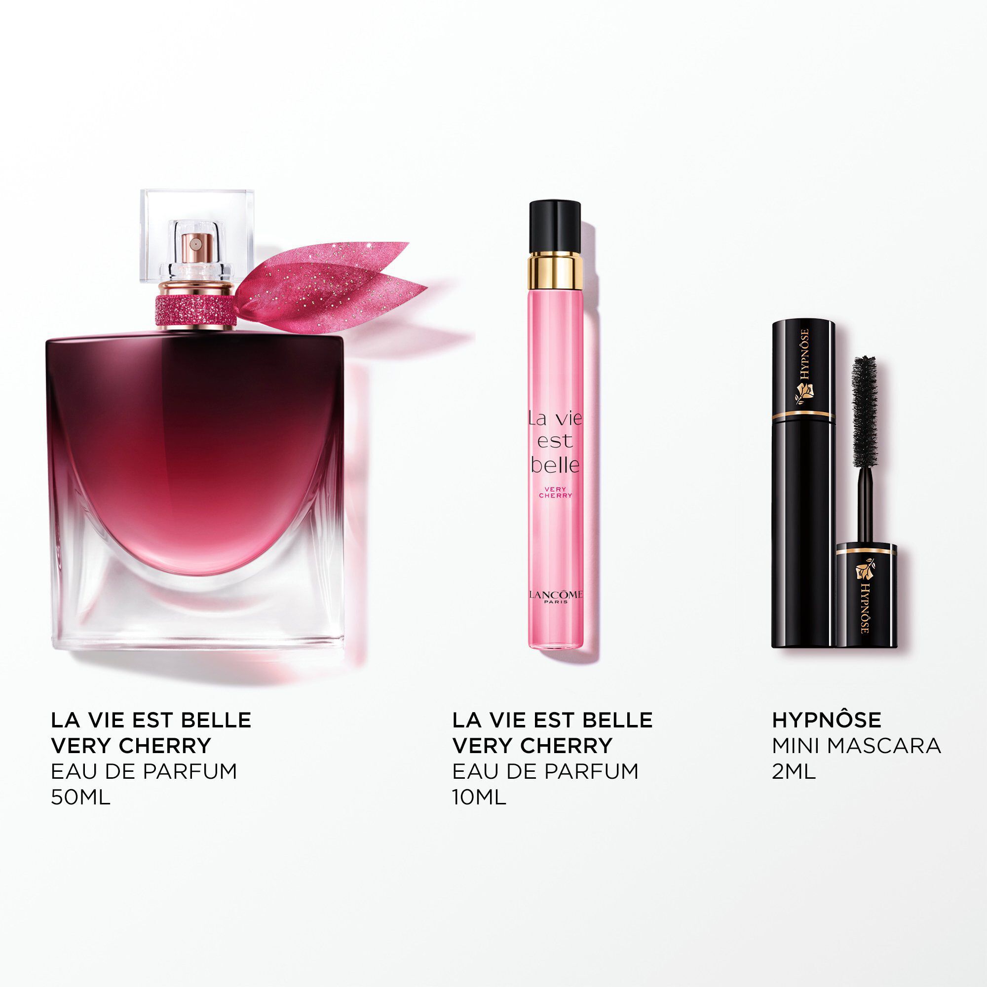 Imagine a următoarelor produse pe fundal alb: LA VIE EST BELLE ELIXIR VERY CHERRY 50ML - LA VIE EST BELLE ELIXIR VERY CHERRY 10ML - HYPNOSE MASCARA MINI 2ML