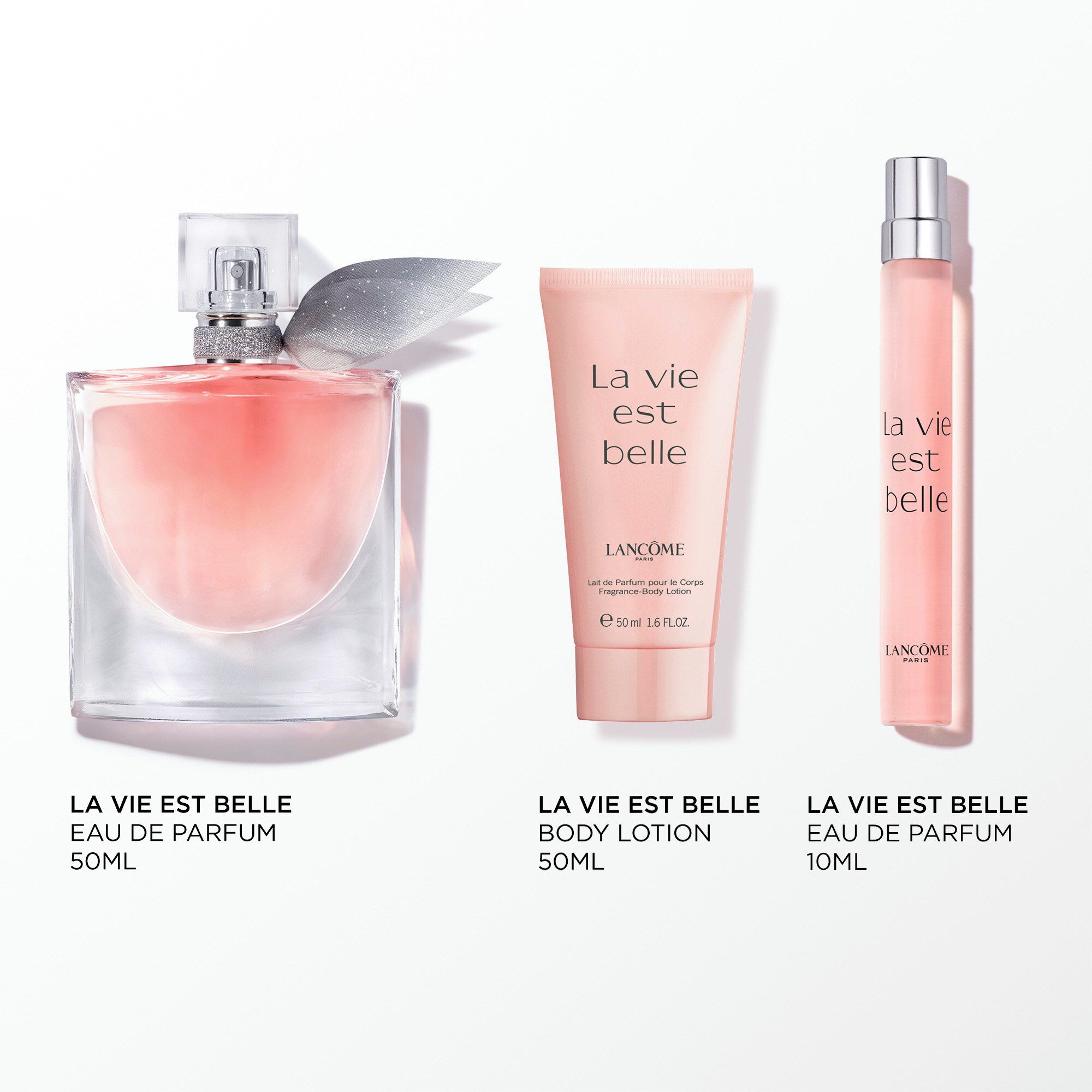 Imagine cu următoarele produse pe fundal alb: LA VIE EST BELLE EDP 50ML - LA VIE EST BELLE EDP 10ML - LA VIE EST BELLE BODY LOTION 50ML