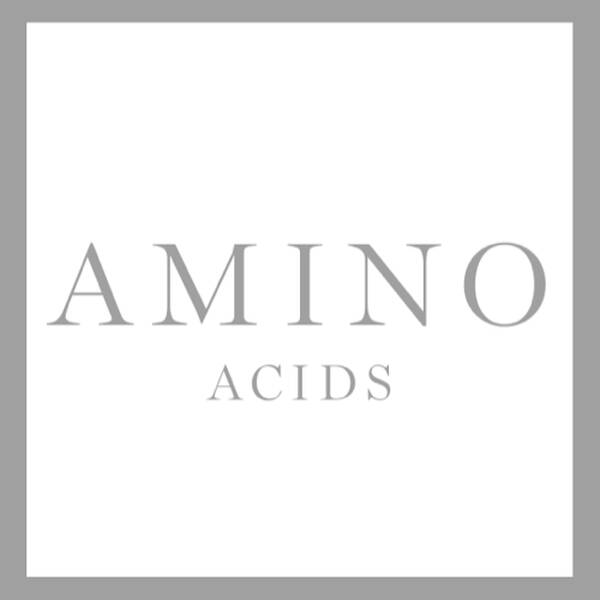 Logo design featuring the words "AMINO" in a bold, stylized font, with "ACIDS" below in a smaller, lighter font, all set against a white background within a gray square border.
