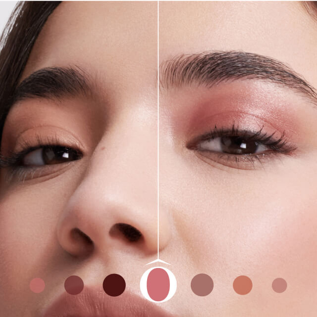 Imaginea prezintă o femeie cu machiaj subtil, concentrandu-se pe ochii ei, insoțită de o paletă de nuanțe de ruj.