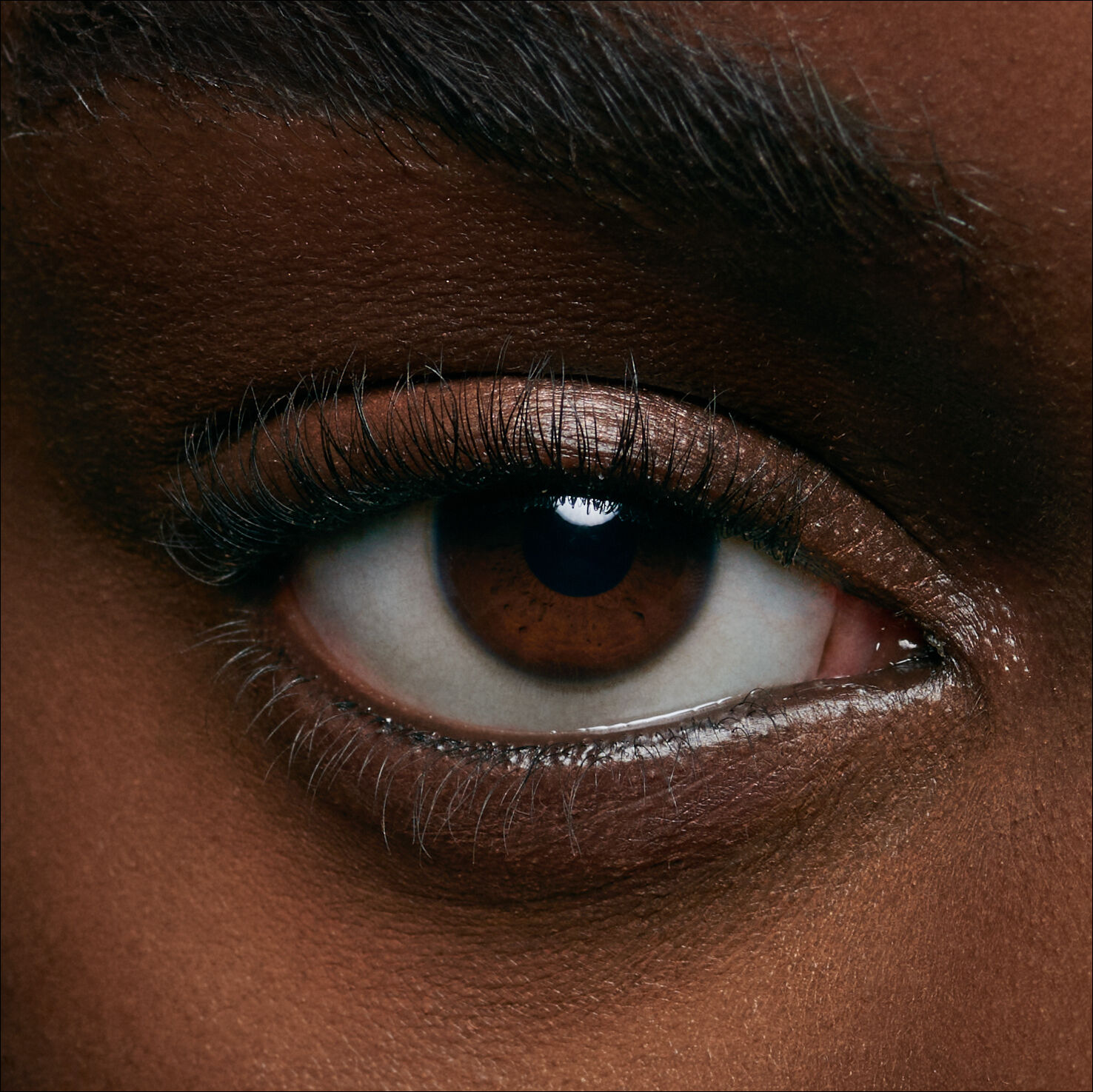 Close-up of a brown eye with long eyelashes, showcasing a rich and warm iris against a deep skin tone background.