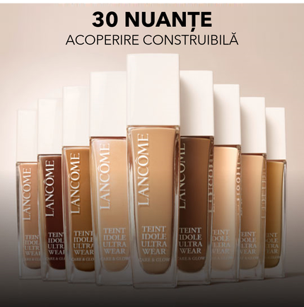 Text alternativ: O imagine care prezintă flacoane de fond de ten Lancome, cu 30 de nuanțe diferite, aranjate intr-o linie pe un fundal neutru.