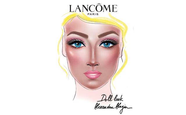 Ilustrație a unui machiaj de tip "doll look" creat de Alexandru Abagiu, prezentand un chip feminin cu ochi albaștri, obraje roz și buze pline. Logo-ul Lancome Paris este in partea de sus.