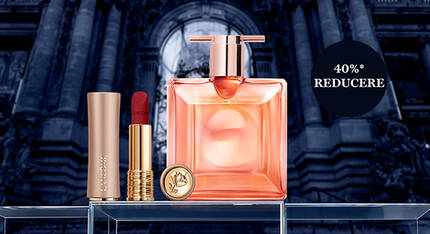 Imagine cu un sticluță de parfum elegantă, pe fundal intunecat, care anunță o reducere de 40%.