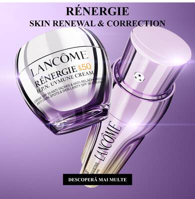 Alt text: Imaginea prezintă două produse de ingrijire a pielii de la Lancome, un borcan cu cremă și un flacon cu ser, ambele avand eticheta "Renergie" și indicand conținutul SPF 50 pentru protecția solară.