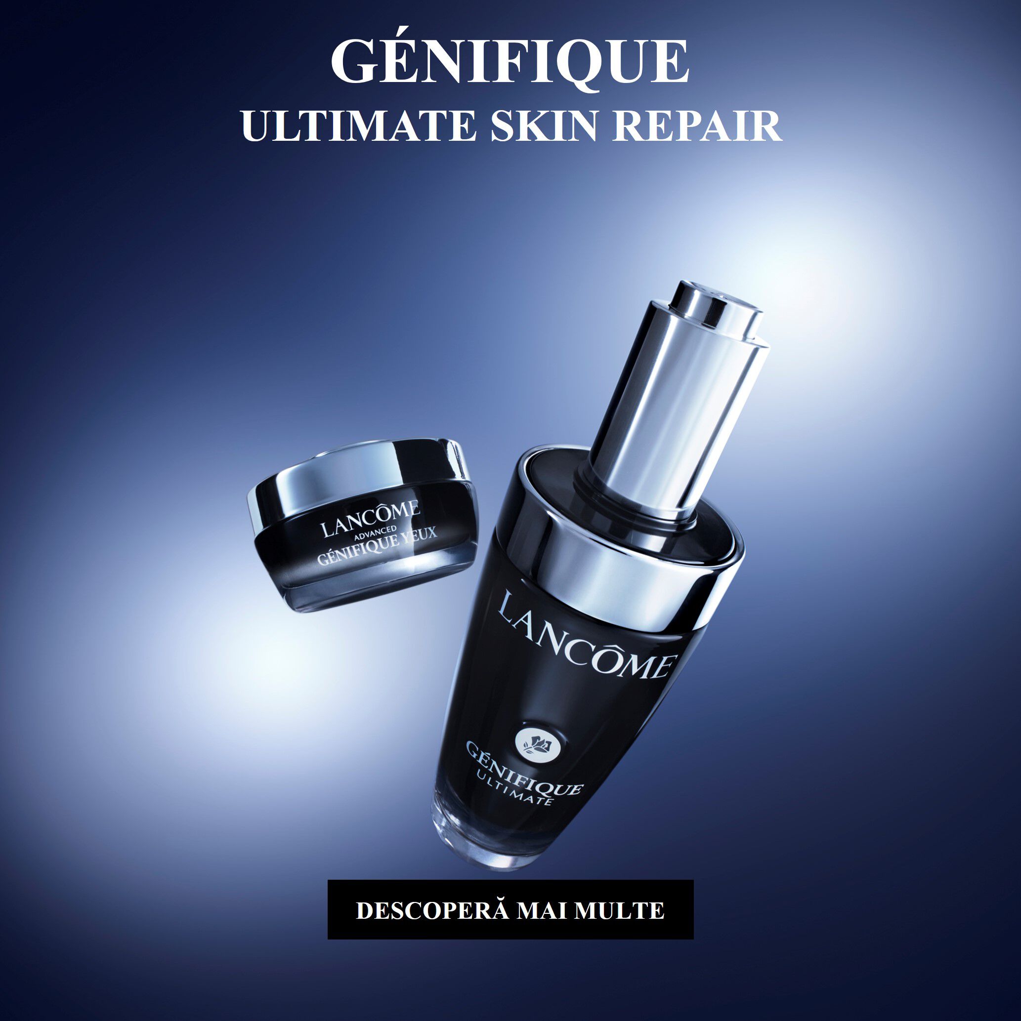 Imaginea prezintă produsele de ingrijire a pielii "Genifique Ultimate Skin Repair" de la Lancome, incluzand un flacon și un recipient mic, pe un fundal gradient elegant.