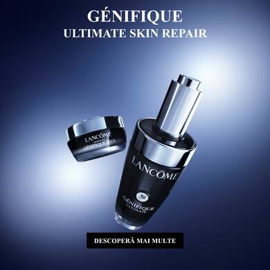 Imaginea prezintă produsele de ingrijire a pielii "Genifique Ultimate Skin Repair" de la Lancome, incluzand un flacon și un recipient mic, pe un fundal gradient elegant.