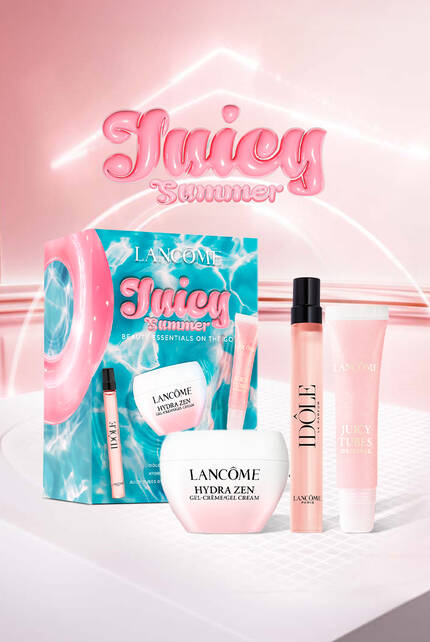 Bannerul contine produsele emblematice Lancome: La Vie est Belle L'Elixir, Renergie H.C.F. Triple Serum, Renergie H.P.N. 300 Peptide Cream si Idole Butterglow, intr-o atmosfera roz, de vara.