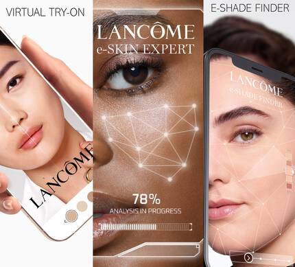O imagine care ilustrează aplicația Lancome pentru incercarea virtuală a machiajului, prezentand un model cu tenul luminos pe un telefon mobil și diverse opțiuni de nuanțe.