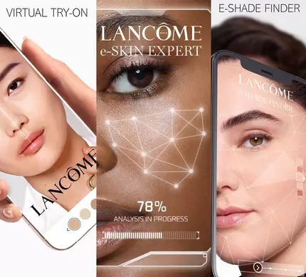 O imagine care ilustrează aplicația Lancome pentru incercarea virtuală a machiajului, prezentand un model cu tenul luminos pe un telefon mobil și diverse opțiuni de nuanțe.