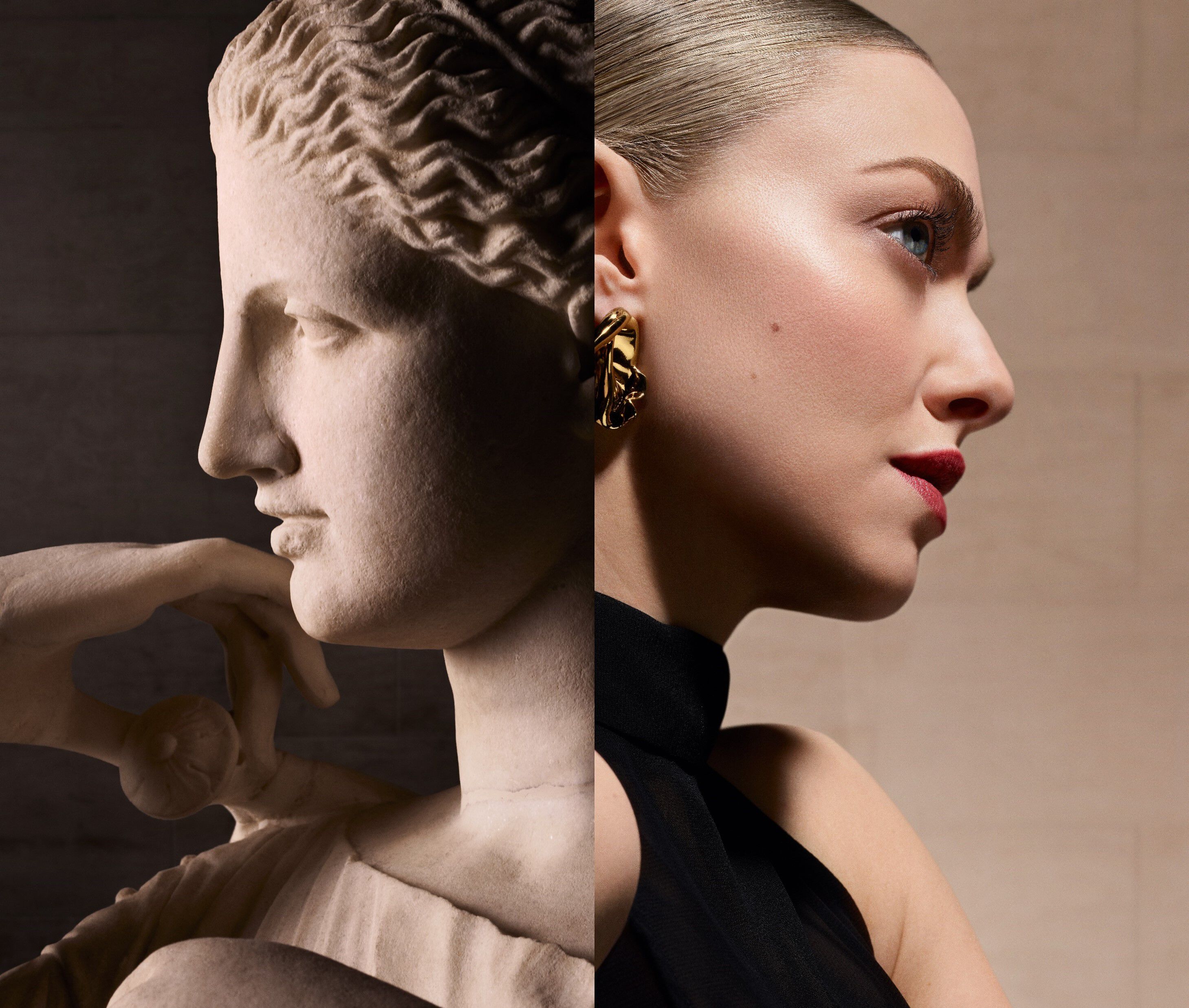 O colaj intre o statuie clasică și un portret modern al unei femei, evidențiind similaritățile dintre formele artistice și frumusețea contemporană.