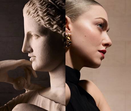 O colaj intre o statuie clasică și un portret modern al unei femei, evidențiind similaritățile dintre formele artistice și frumusețea contemporană.