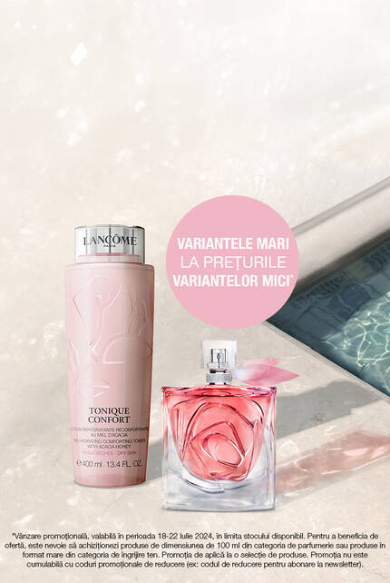 Produse de ingrijire Lancome: tonică și parfum, pe fundal texturat.